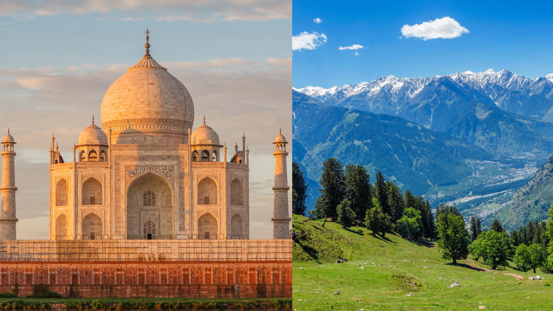 The Taj Mahal at sunrise and the Indian Himalaya mountain range with alpine meadows and snowed-capped mountains