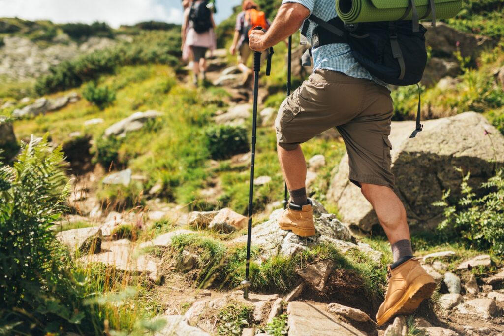Three walkers photographed from behind climbing a rocky hill